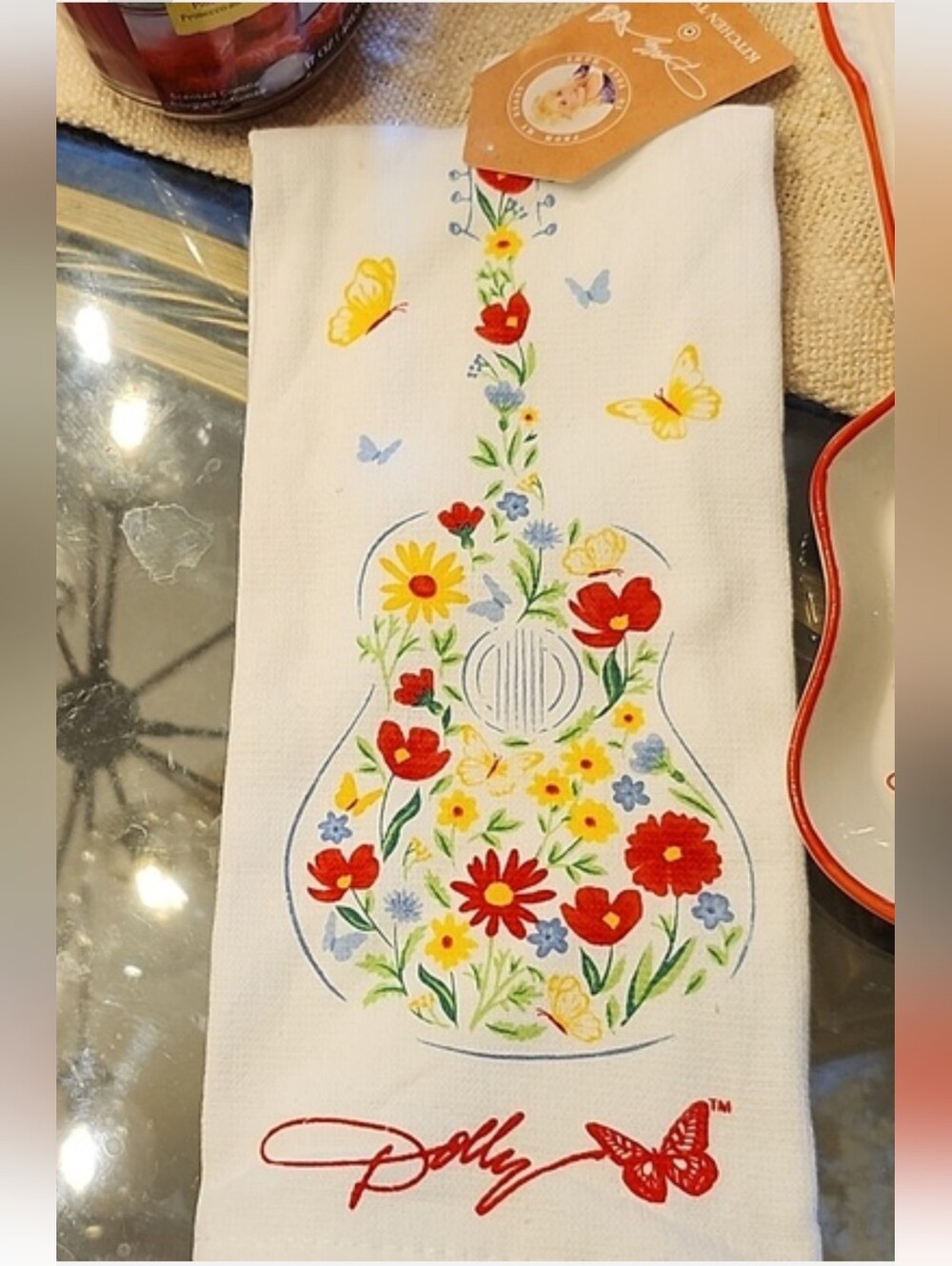 Dolly Parton White Cotton Kitchen Towel Guitar w/Red, Yellow & Blue Floral NWT